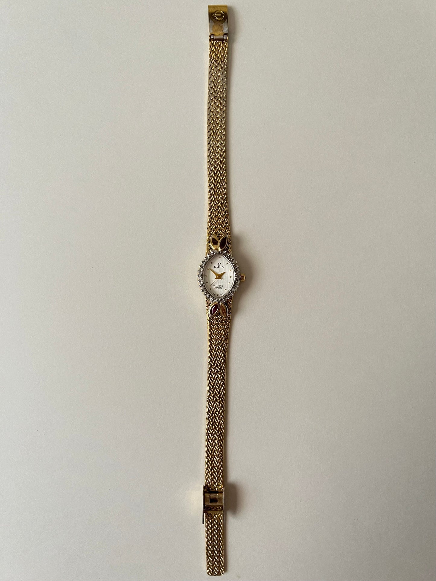 Beautiful Vintage Gold Tone Watch with Diamonds and Rubies Accent