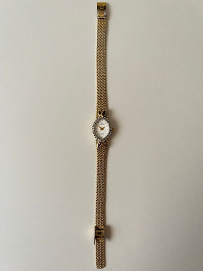 Beautiful Vintage Gold Tone Watch with Diamonds and Rubies Accent