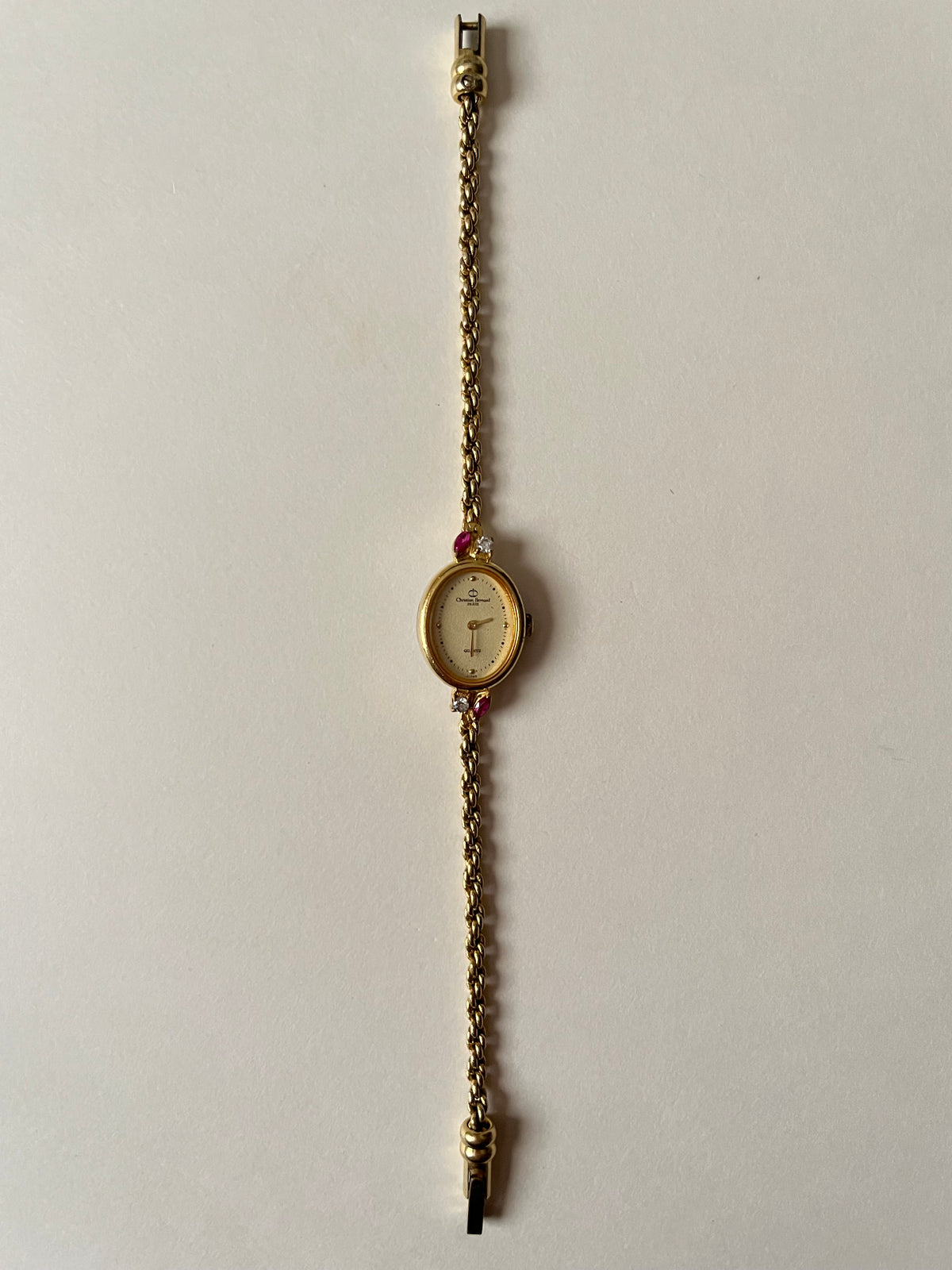 Super Dainty Rare Gold Tone Cocktail Dress Watch with Rubies and White Stones Accent