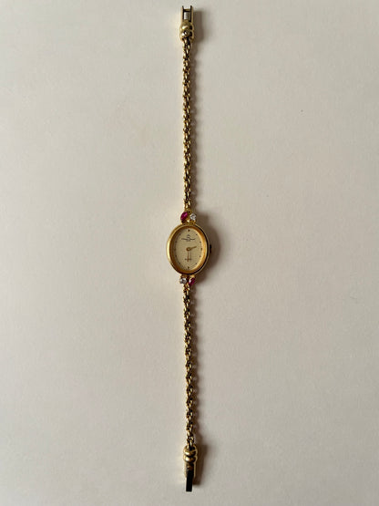 Super Dainty Rare Gold Tone Cocktail Dress Watch with Rubies and White Stones Accent