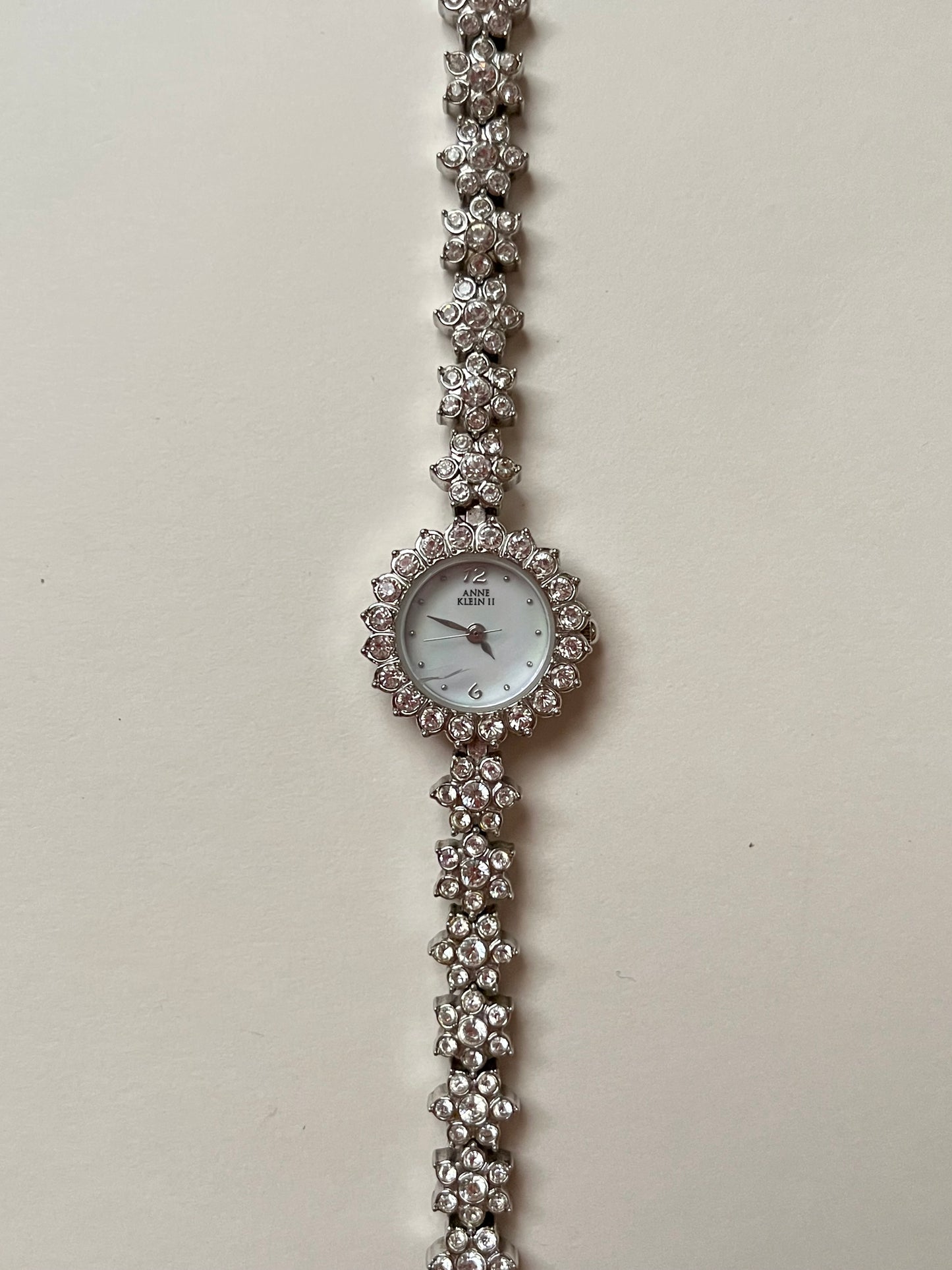 Amazing Silver Tone Anne Klein Watch with Clear Floral Rhinestones Bracelet