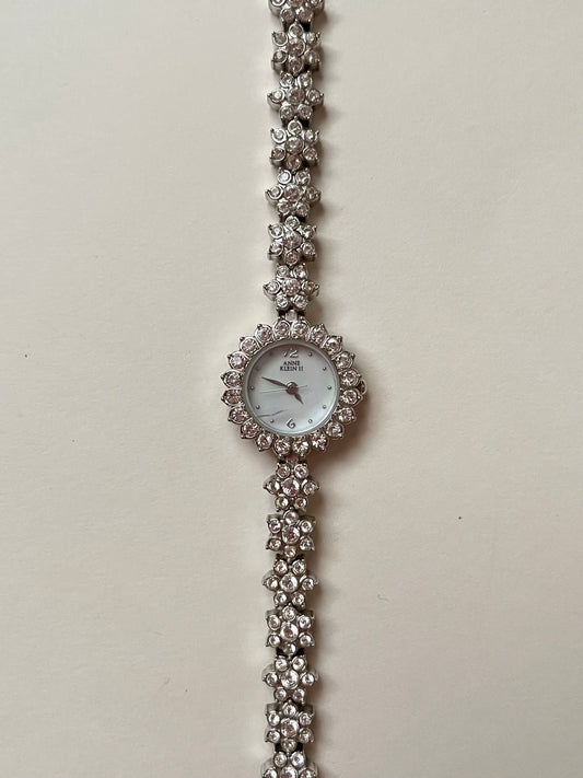 Amazing Silver Tone Anne Klein Watch with Clear Floral Rhinestones Bracelet