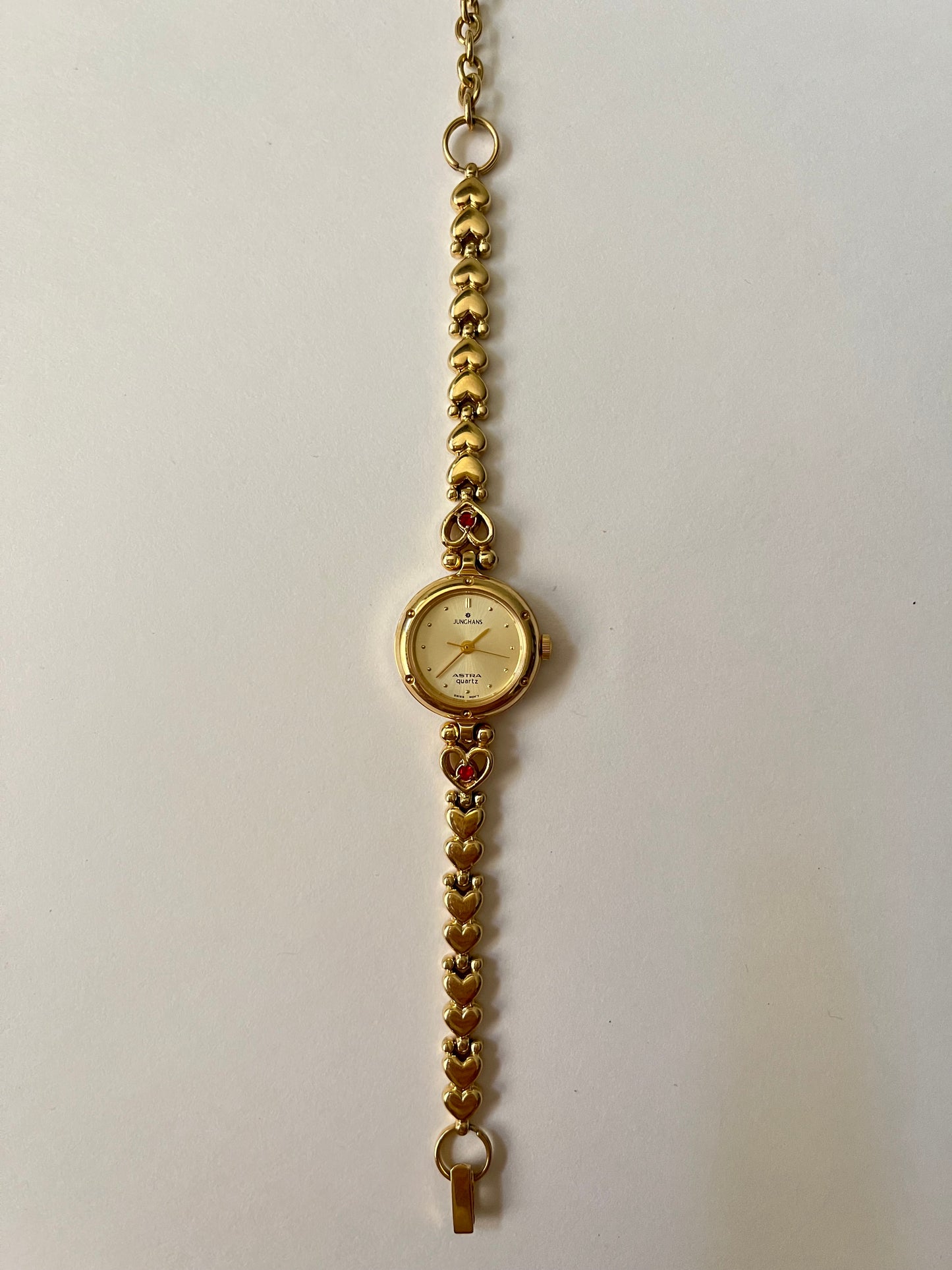 Adorable Dainty Gold Tone Swiss Watch with Heart-Shaped Links And Red Stones Accents
