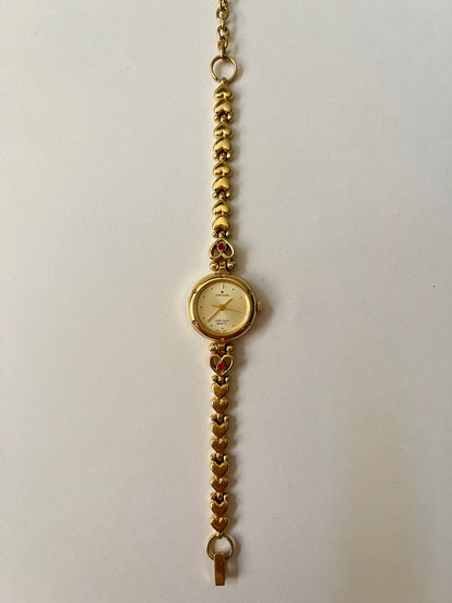 Adorable Dainty Gold Tone Swiss Watch with Heart-Shaped Links And Red Stones Accents