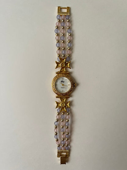 Adorable Gold Tone Watch with Pink and Purple Beaded Band