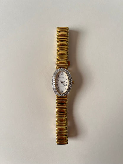 Stunning Gold Tone Watch with Bejeweled Oval Dial (A Cartier Baignoire Homage)