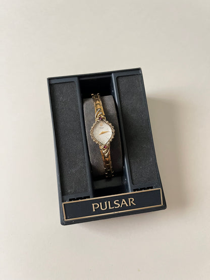 Lovely Gold Tone Pulsar Watch with Rubies Accent and Diamond-Shaped Dial