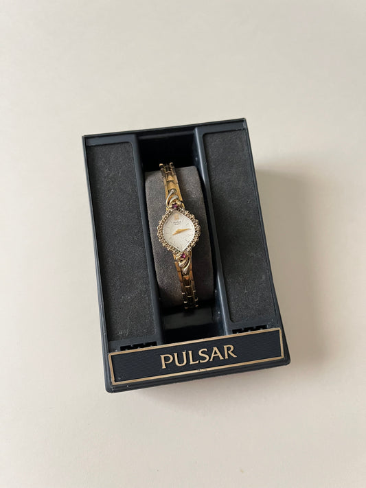 Lovely Gold Tone Pulsar Watch with Rubies Accent and Diamond-Shaped Dial