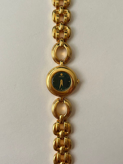 Extremely Rare and Beautiful Vintage Gold Tone Seiko Watch with Round Emerald Green Dial