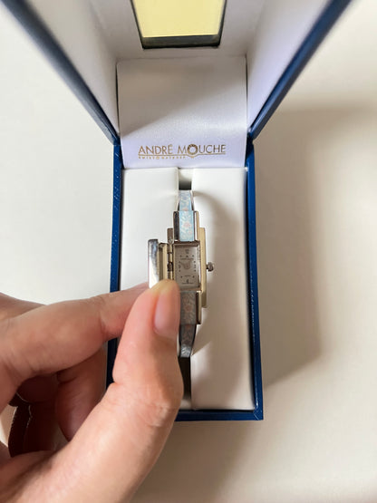 Extremely Rare Silver Tone Andre Mouche x Noritake Lacewood Collection Open Cuff Peekaboo Swiss Watch