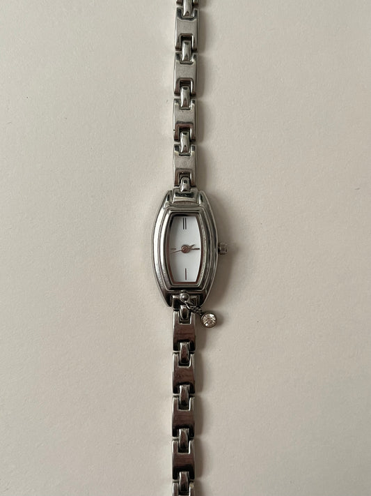 Dainty Silver Tone Watch with Tiny Charm and Rectangular Dial