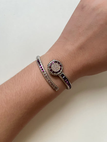 Very Unique Silver Tone Peekaboo Open Cuff Watch with Purple Stones Accent