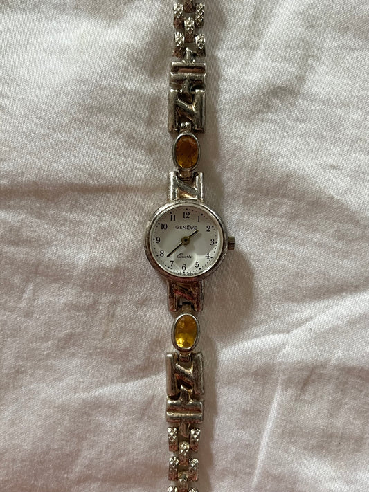 Rare 925 Italian Made Silver Watch with Citrine Stones (Not working, for style only)