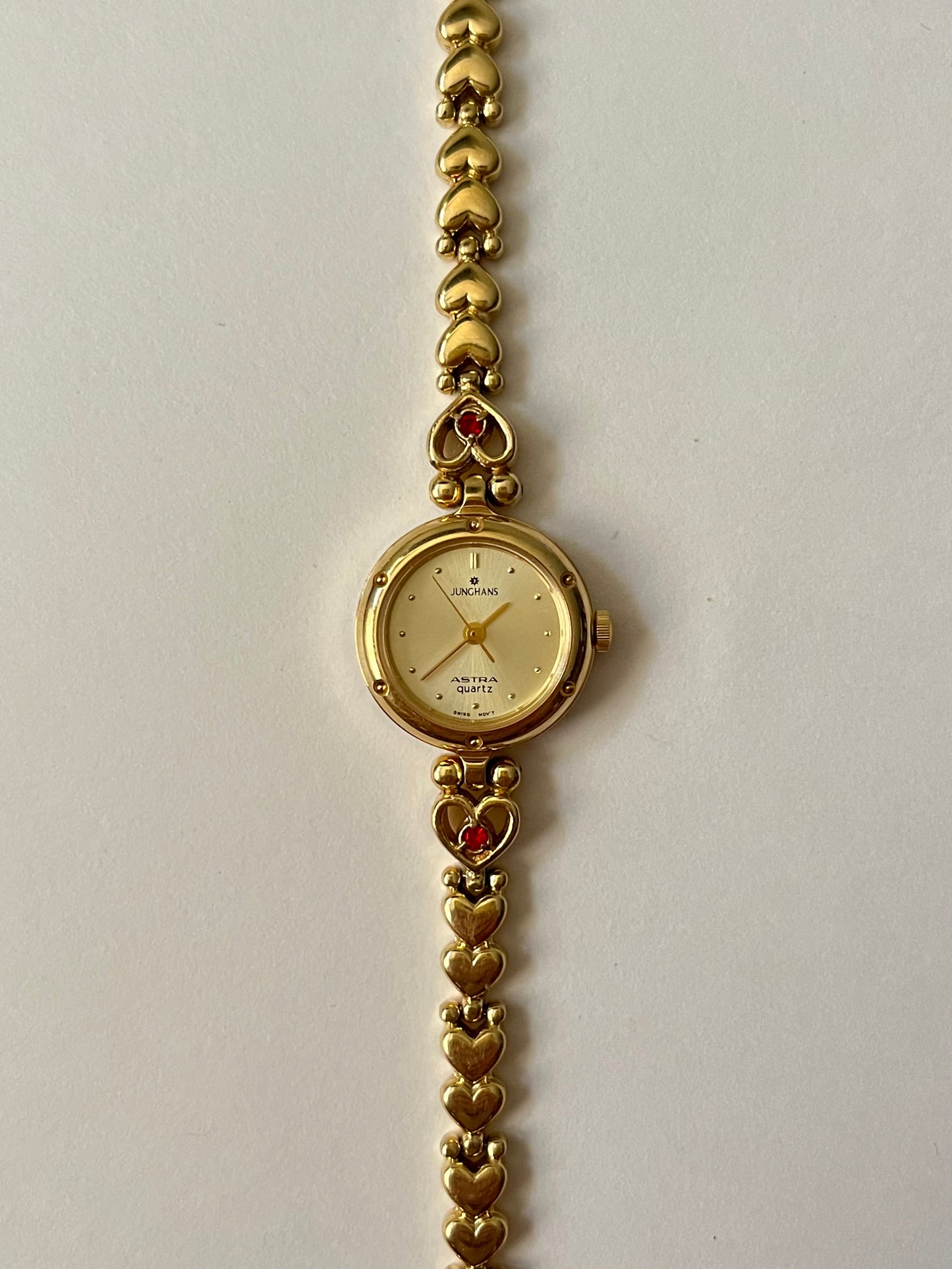 Adorable Dainty Gold Tone Swiss Watch with Heart-Shaped Links And Red Stones Accents