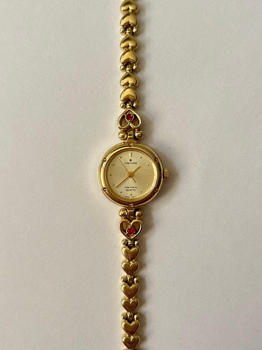 Adorable Dainty Gold Tone Swiss Watch with Heart-Shaped Links And Red Stones Accents