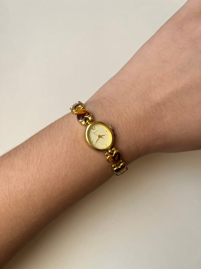 Extremely Rare Gold Tone Watch with Tortoise Shell Like Design and Heart Shaped Links