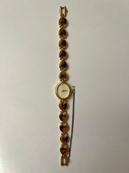 Extremely Rare Gold Tone Watch with Tortoise Shell Like Design and Heart Shaped Links