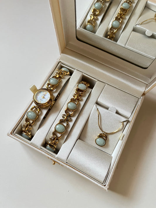 Absolutely Stunning Gold Tone Watch and Jewelry Box Set with Inlaid Jade Stones