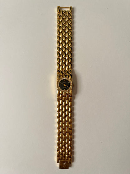 Very Chic Gold Tone Watch with Black Round Dial and Rhinestones Accent