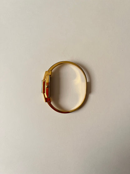 Ultra Rare Gold Tone Open Cuff Peekaboo Swiss Watch and Necklace Set with Black Floral Enameled Decor