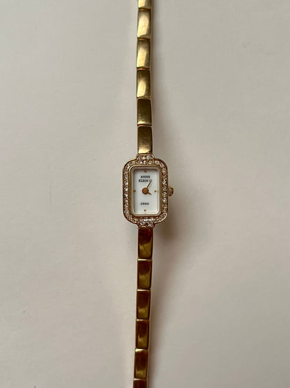 Lovely Dainty Gold Tone Anne Klein Watch with Crystal-Accented Rectangular Bezel