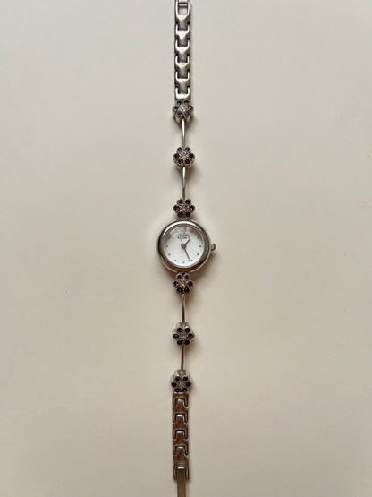 Cute and Dainty Silver Tone Anne Klein Watch with Purple Flower Rhinestones Accent