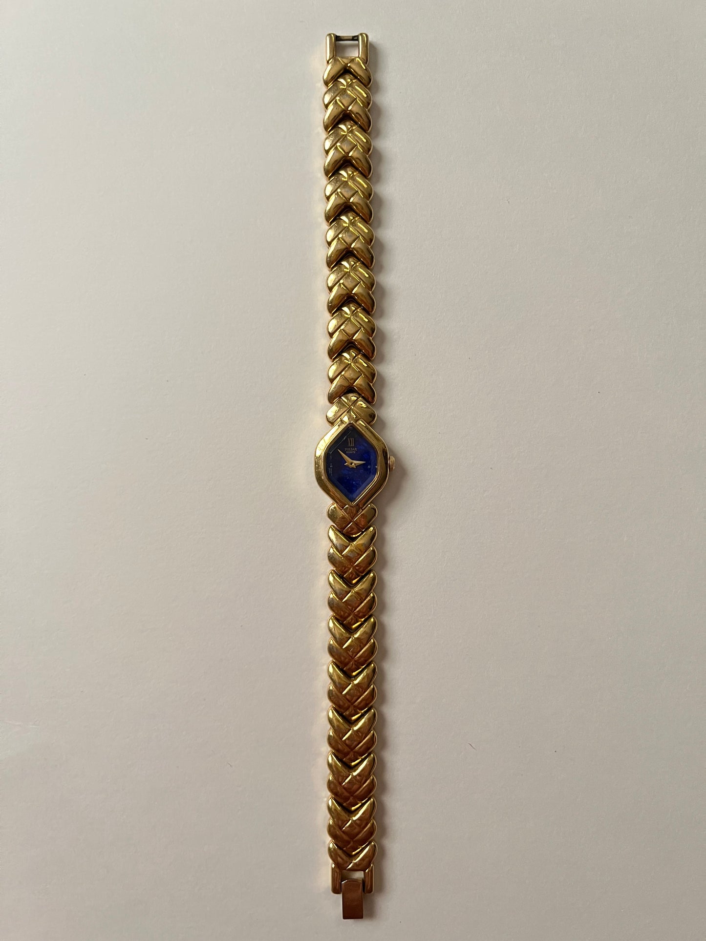 Gorgeous Gold Tone Pulsar Watch with Blue Hexagonal Dial