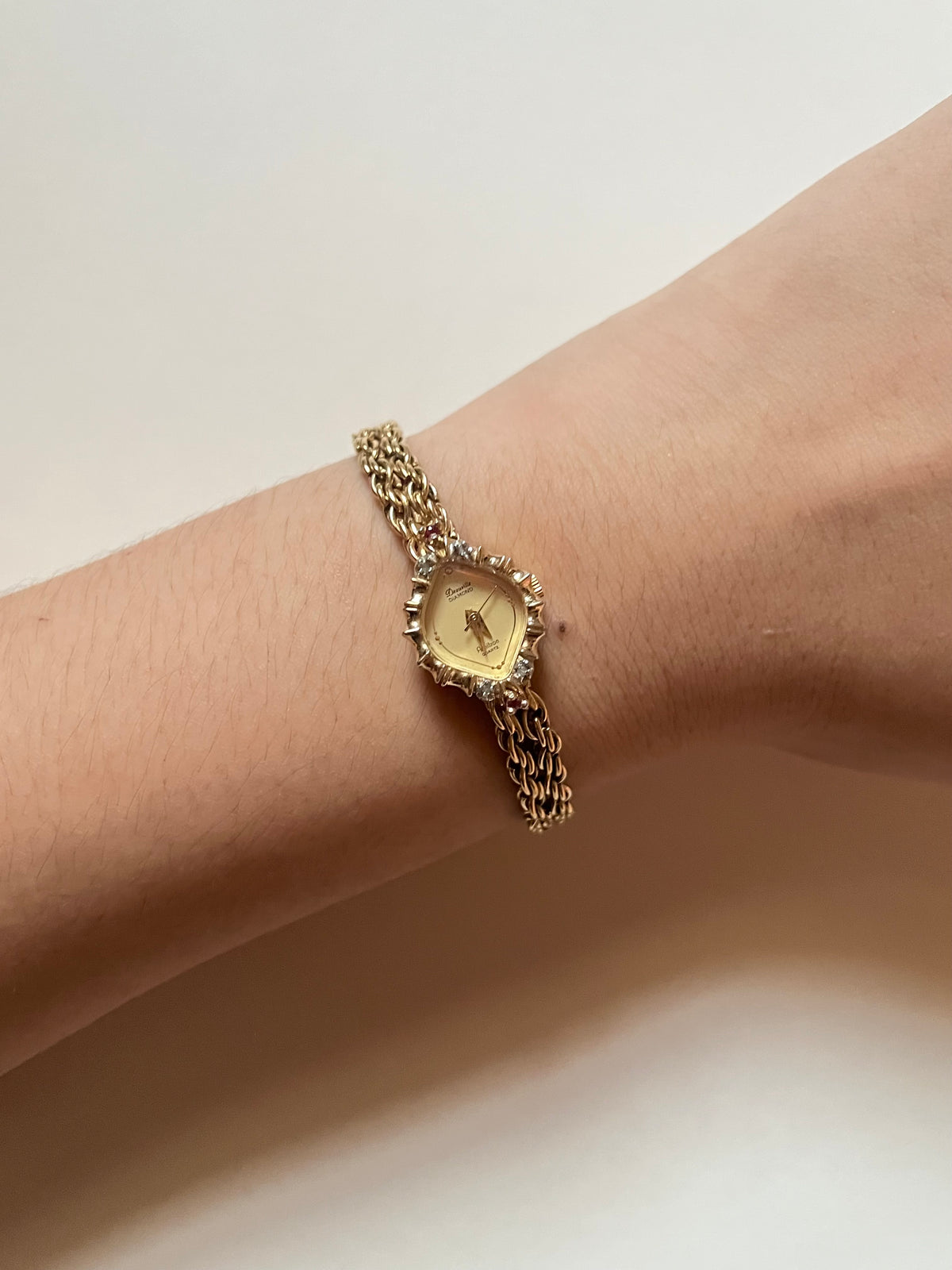 Beautiful Vintage Gold Tone Cocktail Dress Watch with Diamonds and Rubies Accent