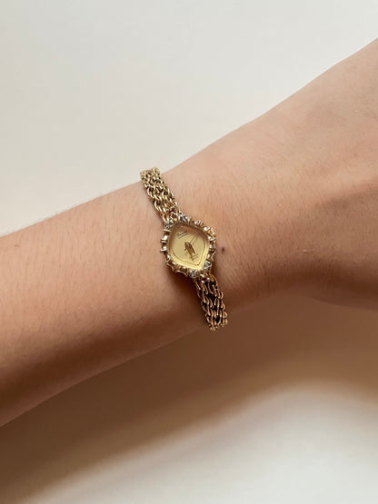 Beautiful Vintage Gold Tone Cocktail Dress Watch with Diamonds and Rubies Accent