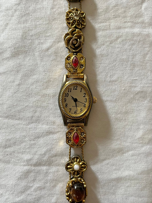 Very Rare Gold Tone Victorian Style Slider Watch with Various Stones