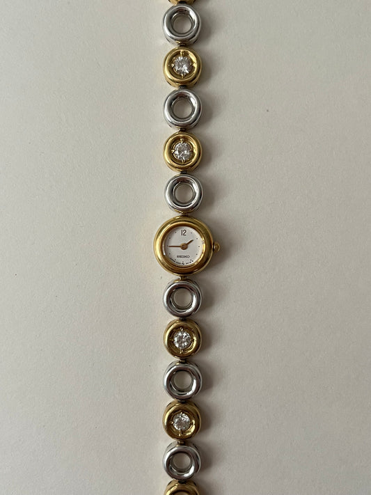 Very Rare and Gorgeous Two Toned Seiko Watch with Small Round Dial and Rhinestones Accent