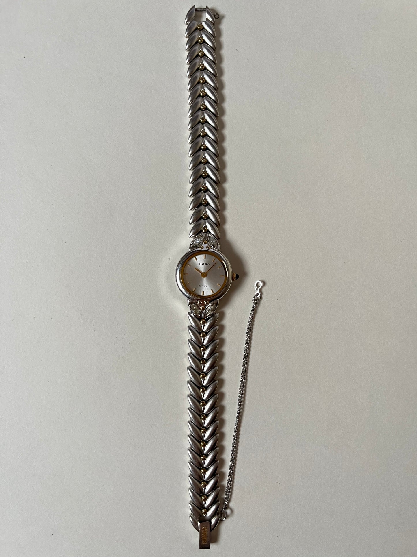 Gorgeous Vintage Silver Tone Rado Watch with Gold and White Stones Accent