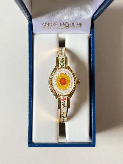 Extremely Rare Gold Tone Andre Mouche x Noritake von Linnæi Collection Open Cuff Peekaboo Swiss Watch