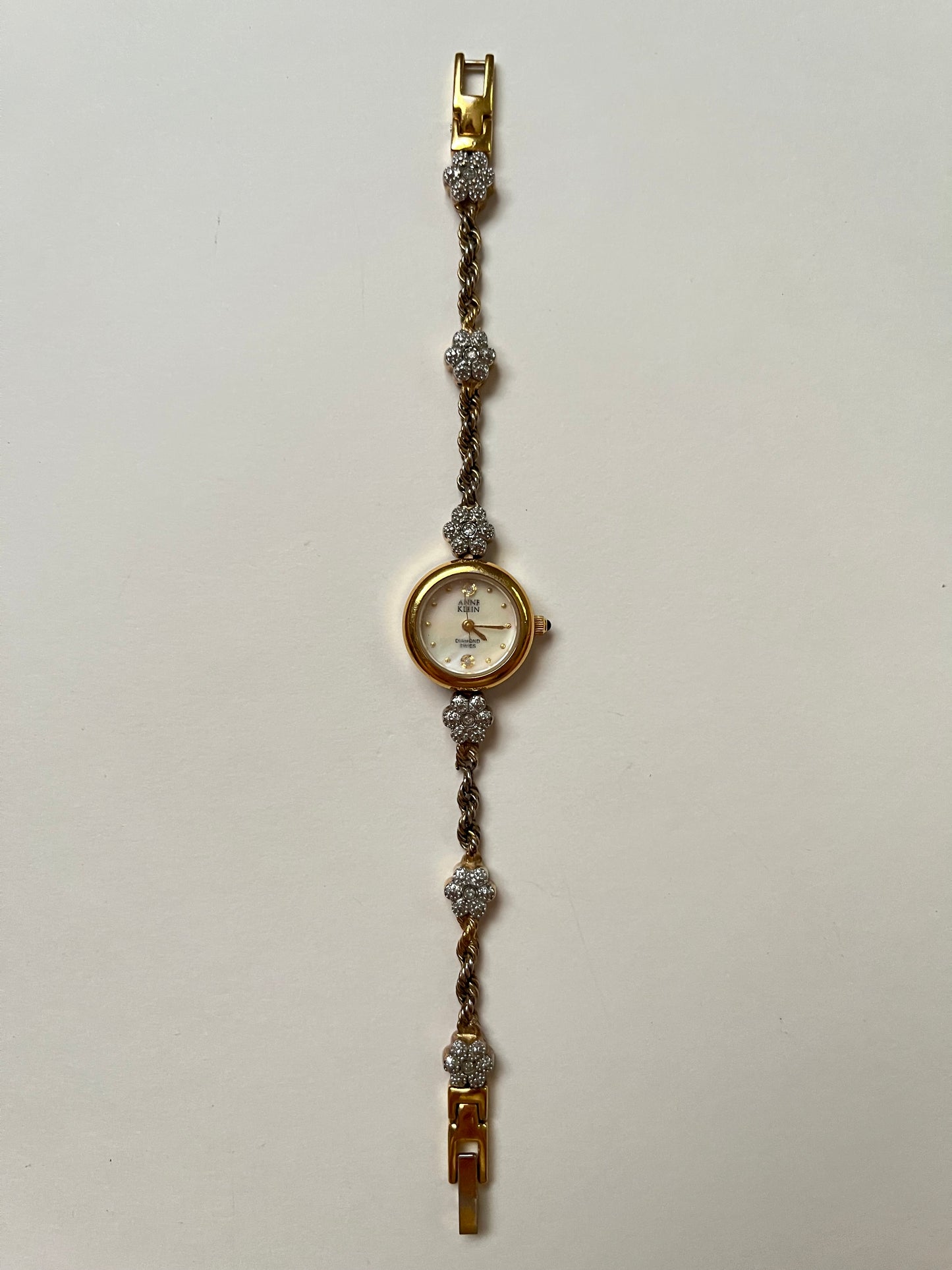 Very Dainty Gold Tone Anne Klein Swiss Watch with Real Diamond Flowers Accent