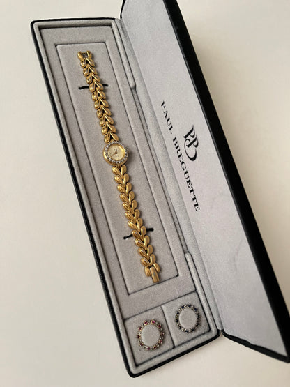 Beautiful Vintage Gold Tone Swiss Watch with Interchangeable Rubies and Sapphires Inset Bezels