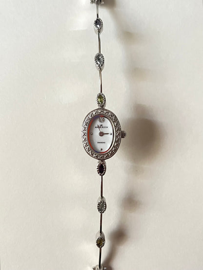 Very Dainty Silver Tone Watch with Real Diamond and Multi-Stones Accents