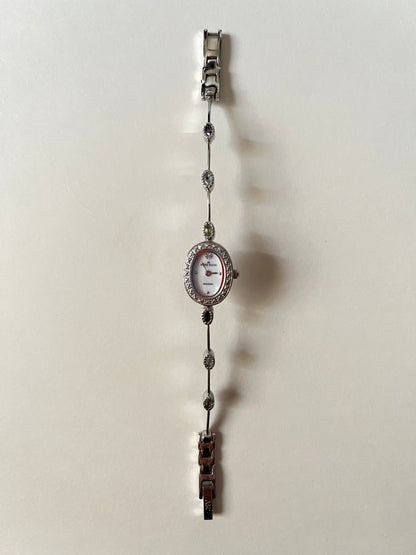 Very Dainty Silver Tone Watch with Real Diamond and Multi-Stones Accents