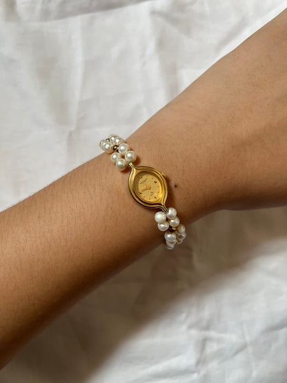 Elegant Gold Tone Watch with Real Pearls Band