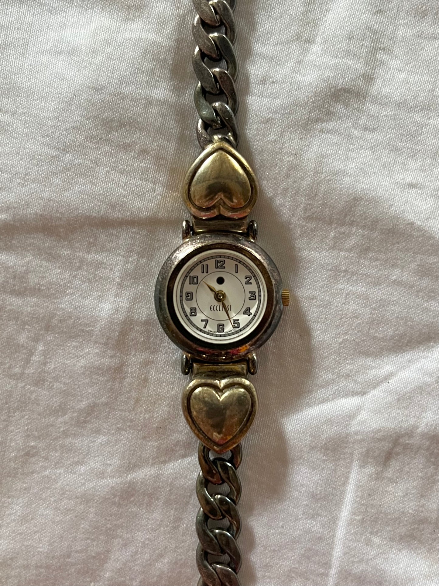 925 Silver Tone Swiss Watch with Chain Style Band and Golden Heart Accent (Not working, for style only)