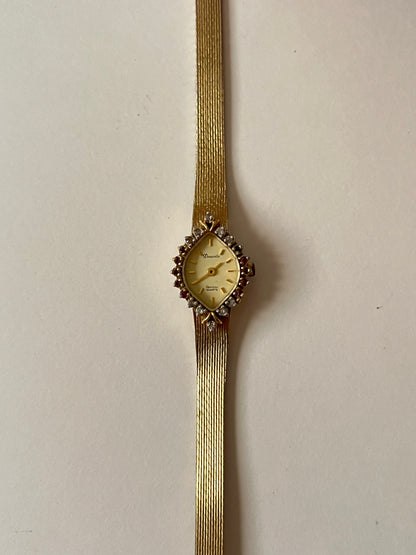 Vintage Gold Tone Watch with Diamond-Shaped Dial with Rubies Accent