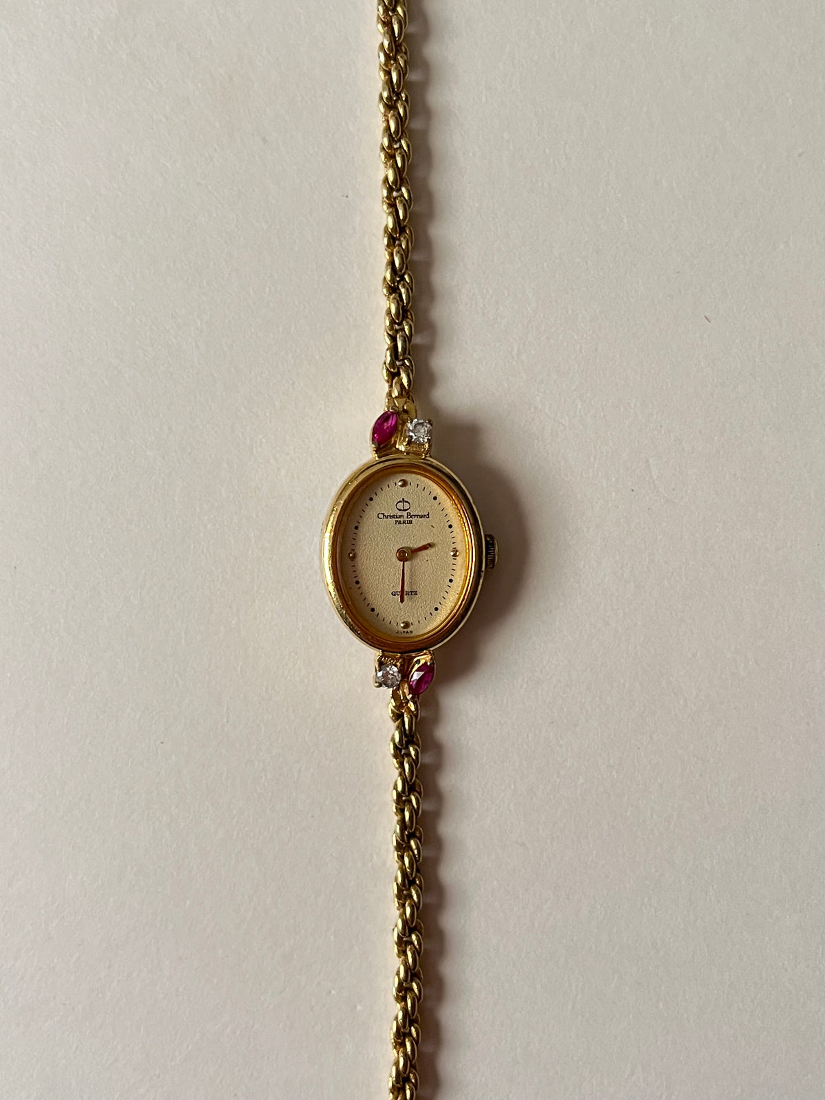 Super Dainty Rare Gold Tone Cocktail Dress Watch with Rubies and White Stones Accent