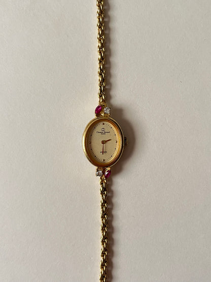 Super Dainty Rare Gold Tone Cocktail Dress Watch with Rubies and White Stones Accent