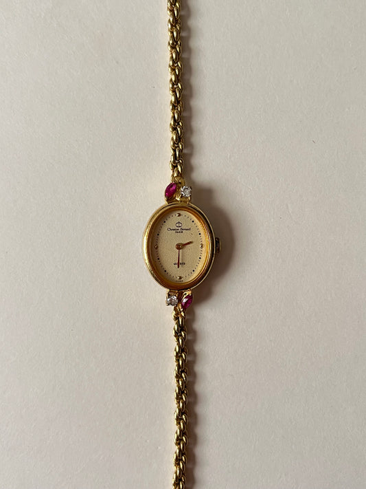 Super Dainty Rare Gold Tone Cocktail Dress Watch with Rubies and White Stones Accent
