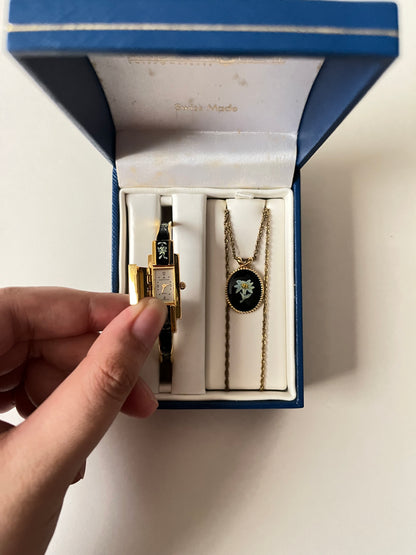 Ultra Rare Gold Tone Open Cuff Peekaboo Swiss Watch and Necklace Set with Black Floral Enameled Decor