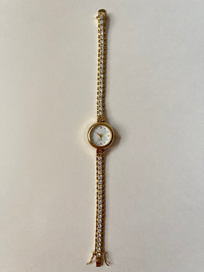 Gorgeous Tennis Bracelet Style Gold Tone Watch with Round Dial