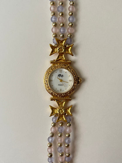 Adorable Gold Tone Watch with Pink and Purple Beaded Band