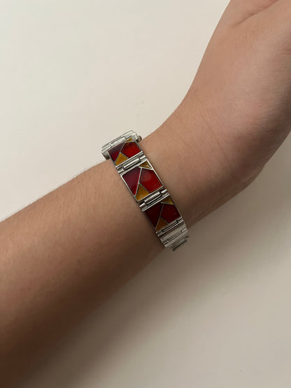 Silver Tone Watch with Red Dial and Mosaic Tiles Band Design