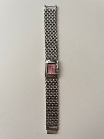 Silver Tone Statement Tank Style Watch with Pink Dial
