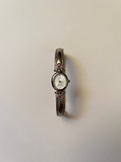 Silver Tone Anne Klein Cuff Watch with Oval Dial and Pink Stones Accent
