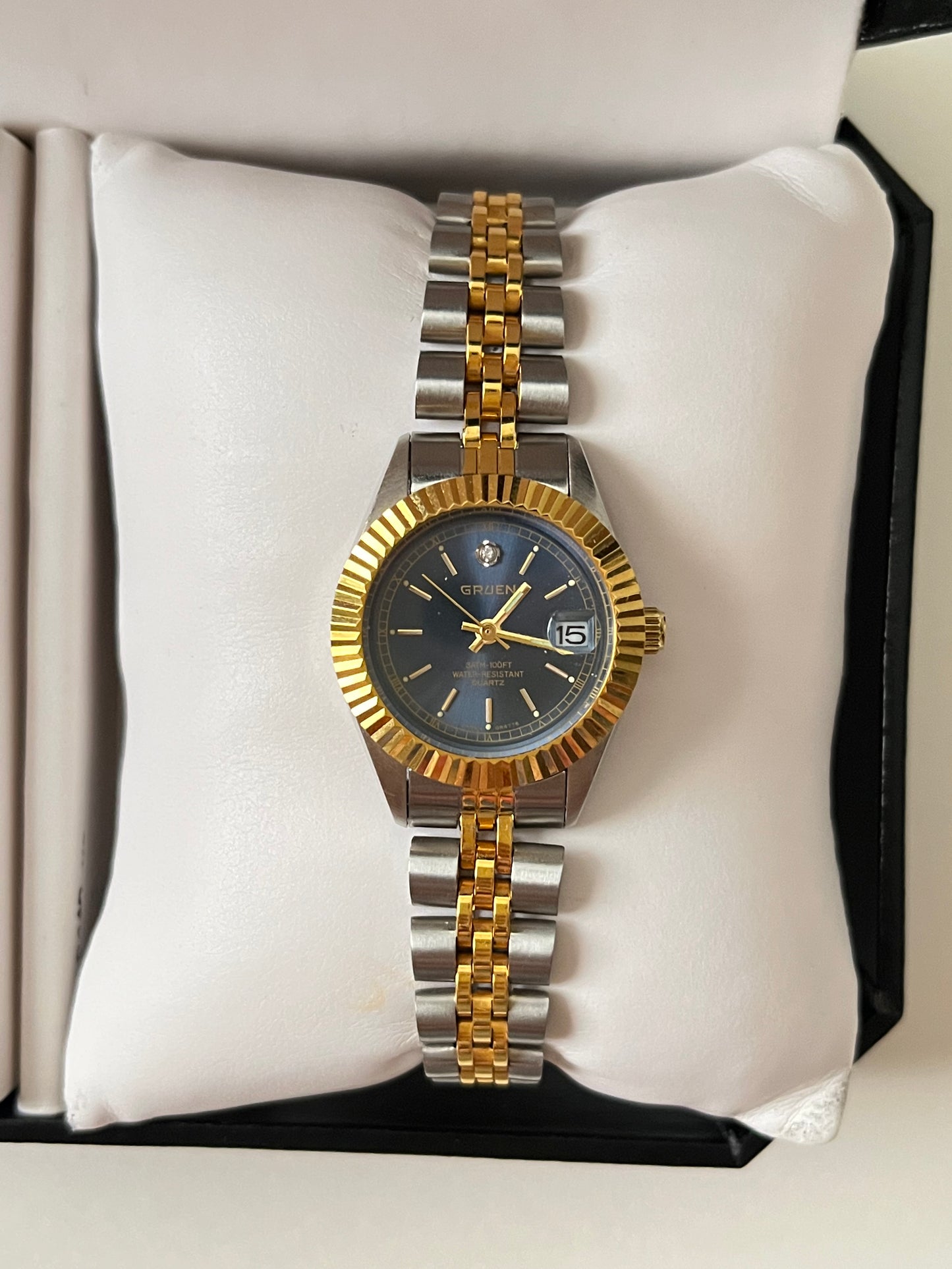 Two Toned Watch with Navy Blue Round Dial and Interchangeable Bezels